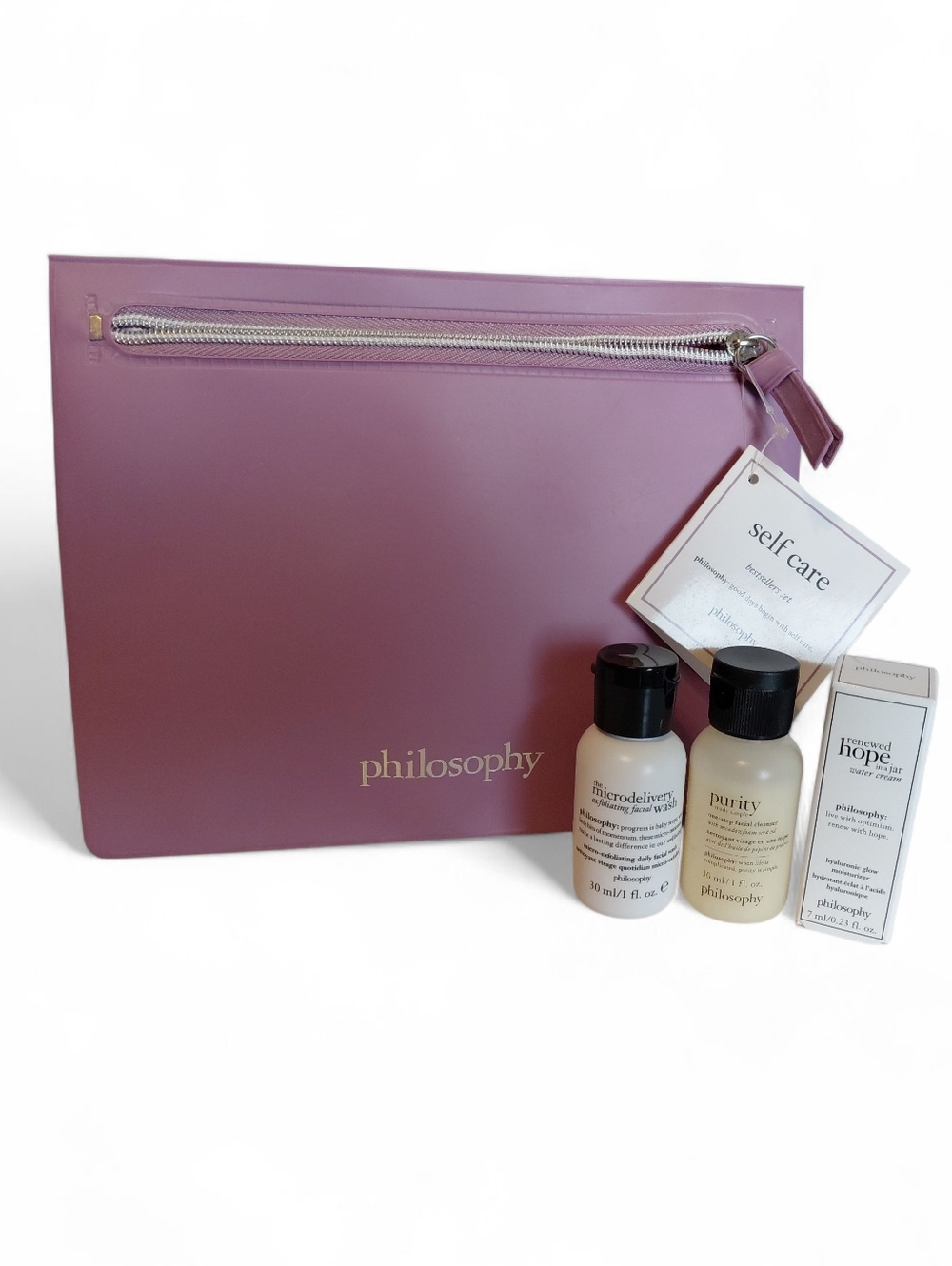 Philosophy Mauve Pink Cosmetic Pouch with Skincare Trio
